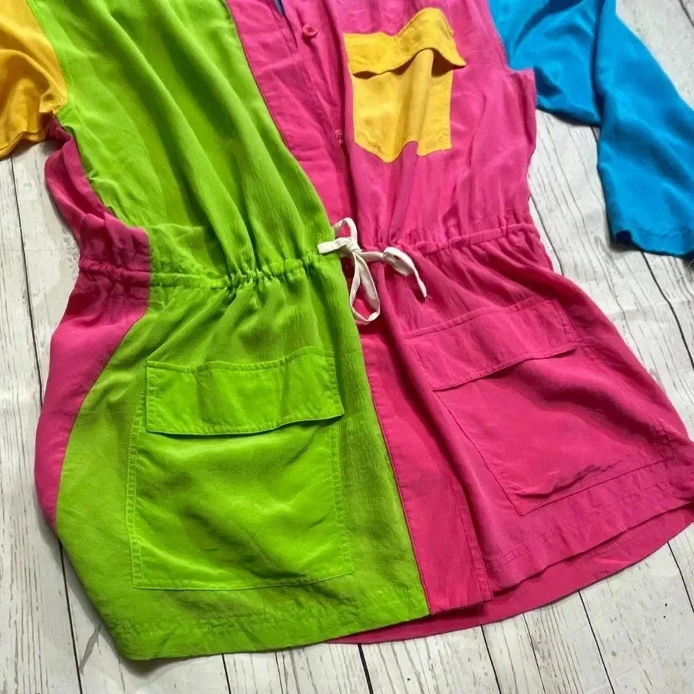 Lightweight Vintage Color block 3/4 Sleeve Silk Button Up Shirt Cinched Waist Sm - Picture 3 of 15